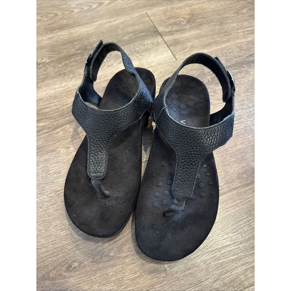 Vionic Terra Sandals Womens 8 Black Leather Comfort Casual Thong Summer Beach